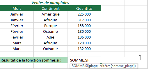 Fonction somme.si tutoriel - étape 1 